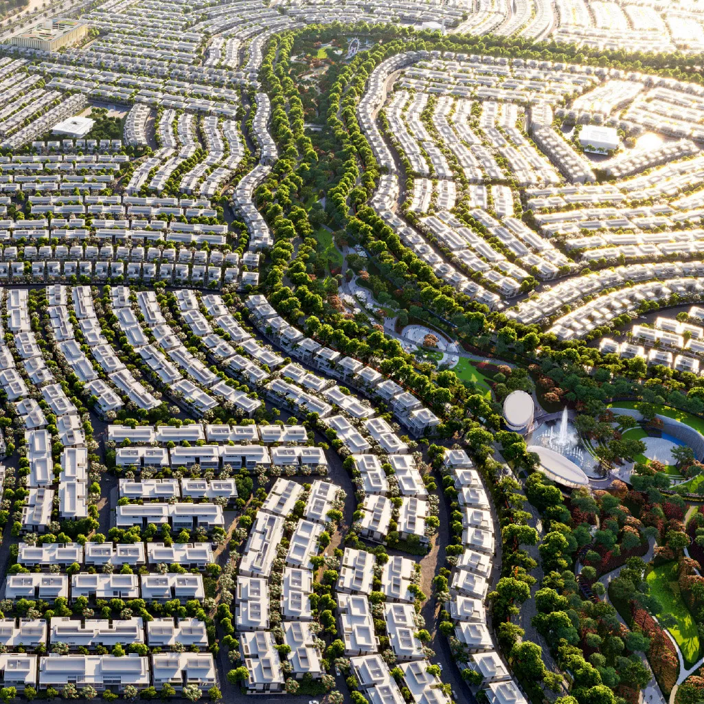 Aerial view of green spaces across the Florence masterplan