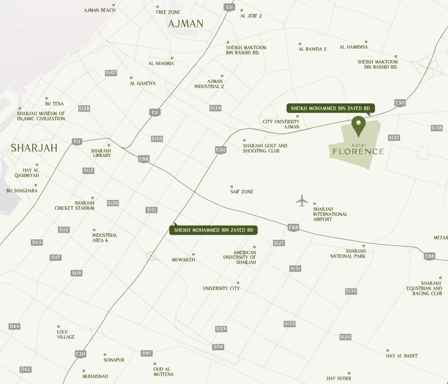 Location map of Azizi Florence in Umm Fannain, Sharjah, near Sheikh Mohammed Bin Zayed Road (E311)